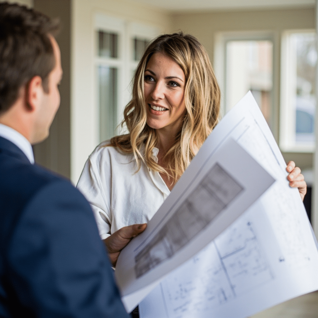 Loan officer in London reviewing modular prefab home plans with a client, discussing financing options and project details for a small modern home purchase.