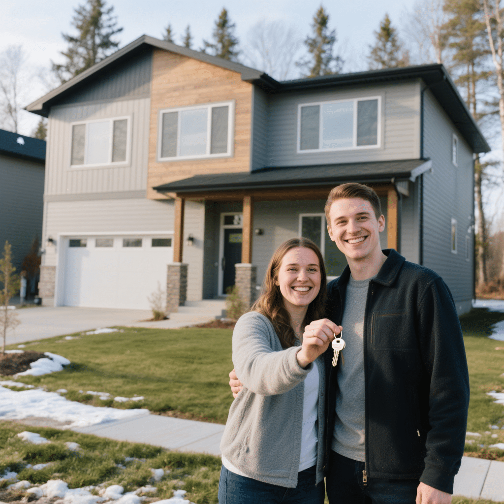 Young couple smiling in front of their new affordable prefab home in Vaughan, holding house keys