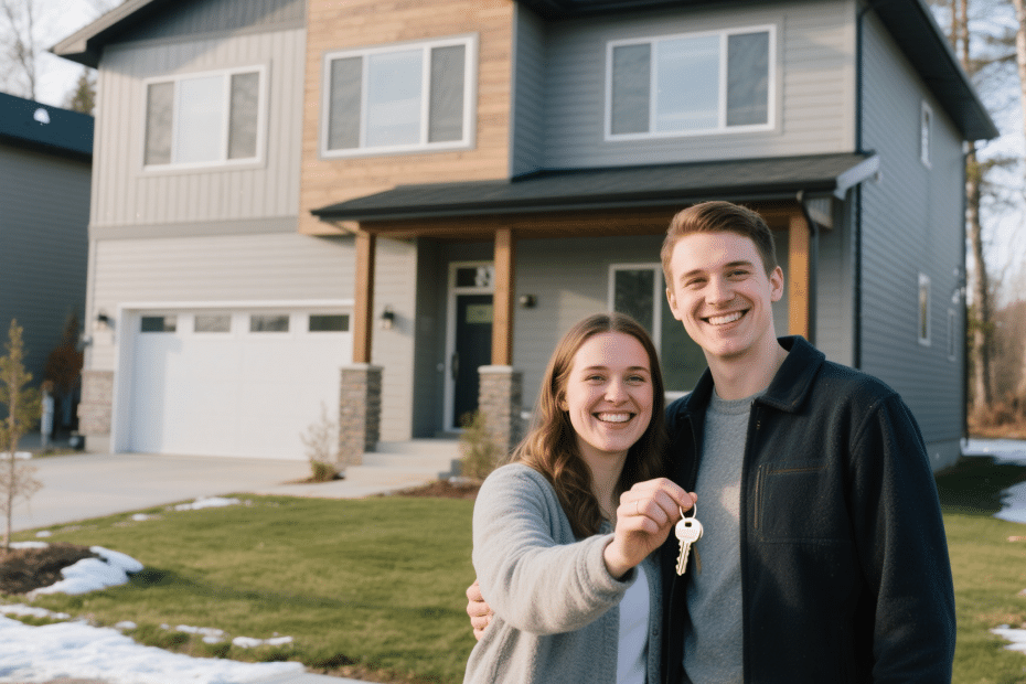 Young couple smiling in front of their new affordable prefab home in Vaughan, holding house keys