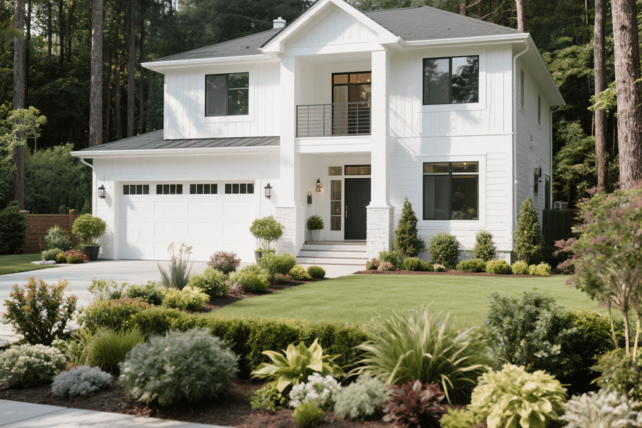 Best prefab home in Vaughan with stylish white modern exterior, landscaped garden, and wooded suburban setting