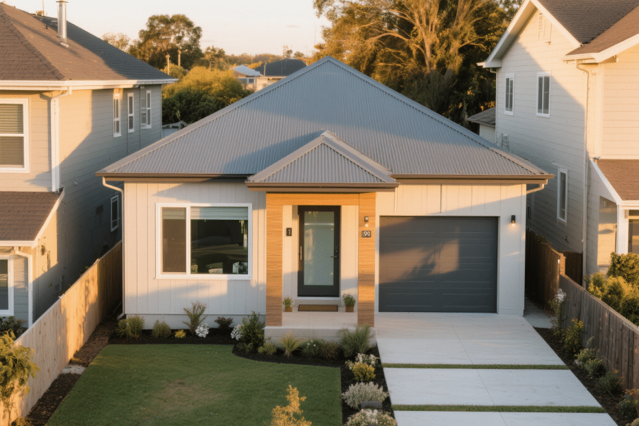 900 sq. ft. bungalow style prefab home in Thunder Bay with energy-efficient metal roof, triple-glazed windows, and modern landscaping on a narrow lot.