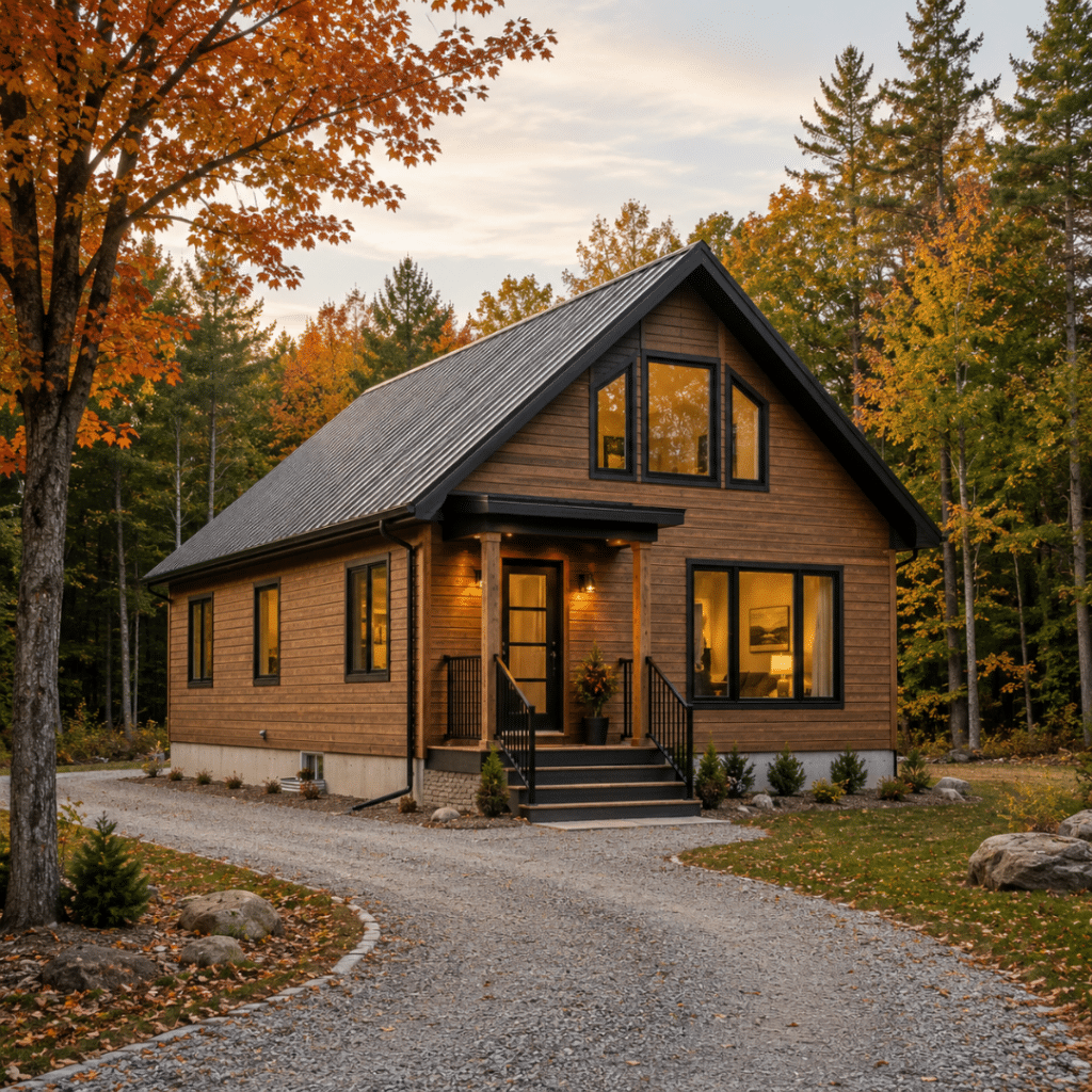 Completed My Own Cottage Eagle's Nest modular home exterior in Ontario — 1170 sq ft 3-bedroom CSA A277 certified modular home delivered and installed on a permanent foundation