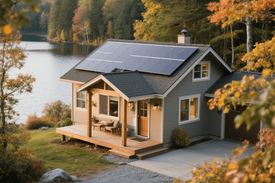Energy-efficient small prefab home overlooking a lake in the Thunder Bay region, designed with sustainable materials.