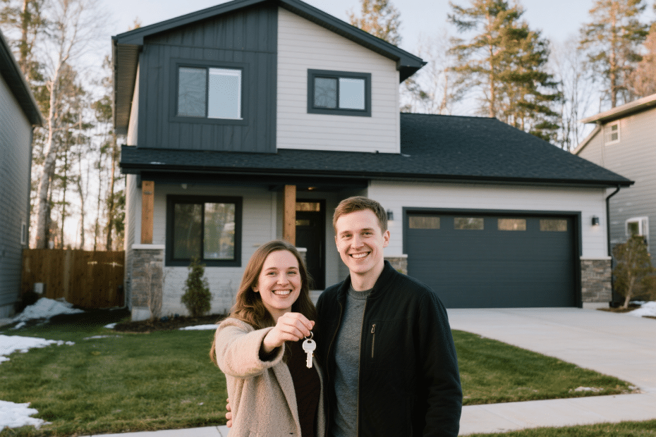 Young first-time buyers standing in front of their new prefab home in Thunder Bay, celebrating their first home purchase.