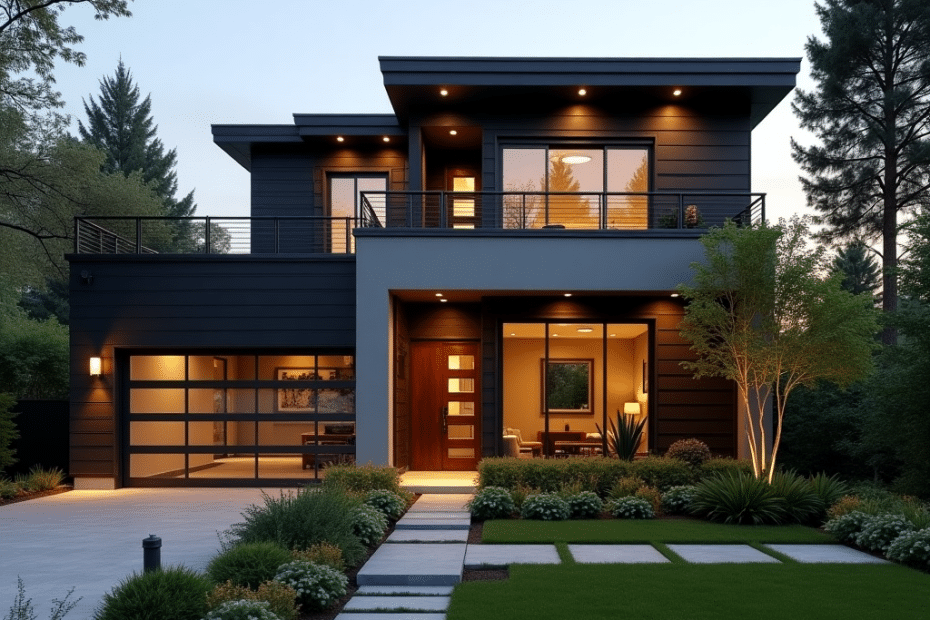 Luxury prefab home in Vaughan with sleek modern architecture, attached garage, and landscaped garden under warm evening light