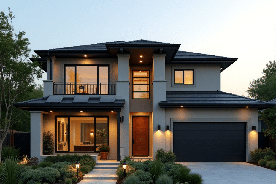 Modern prefab home in Vaughan with sleek architecture, attached garage, and landscaped garden under warm lighting