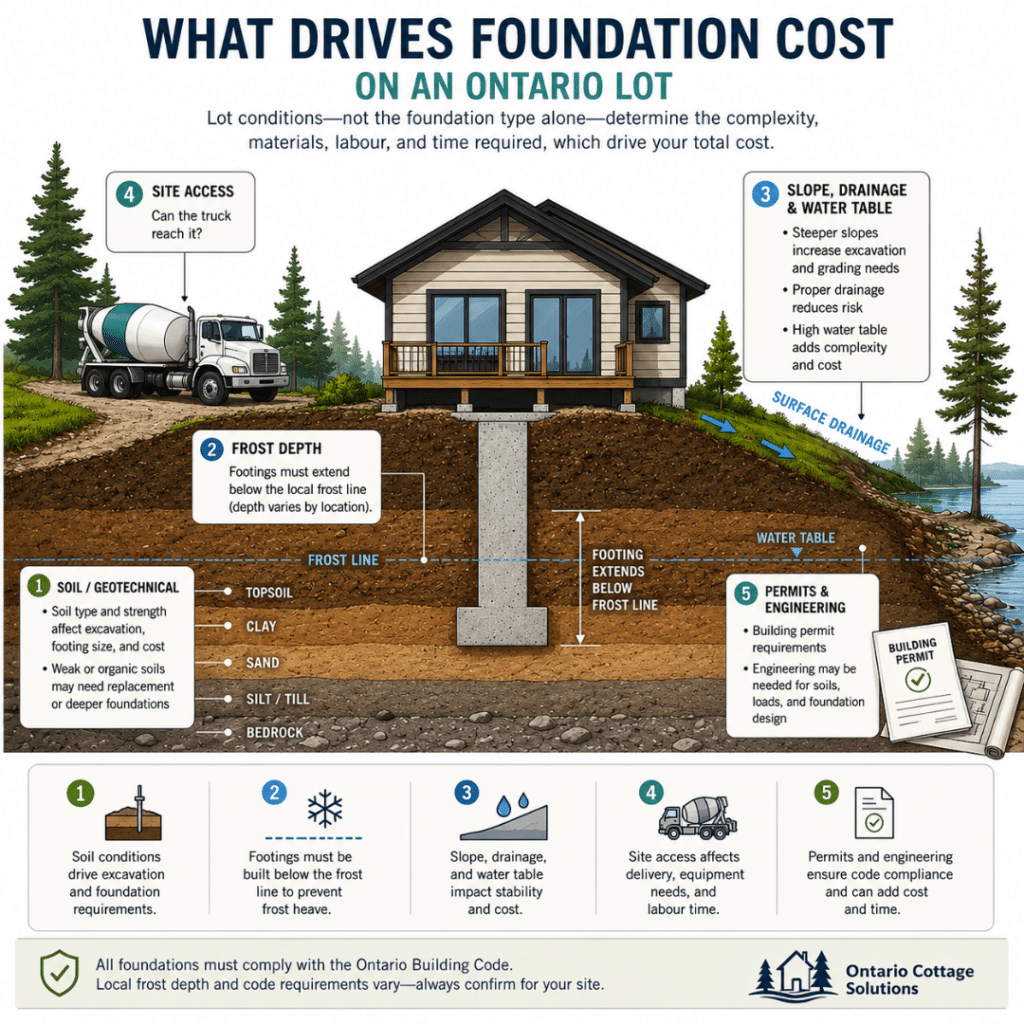 Diagram of the five factors that drive prefab cottage foundation cost in Ontario: soil conditions, frost depth, slope and water table, site access, and permits and engineering.