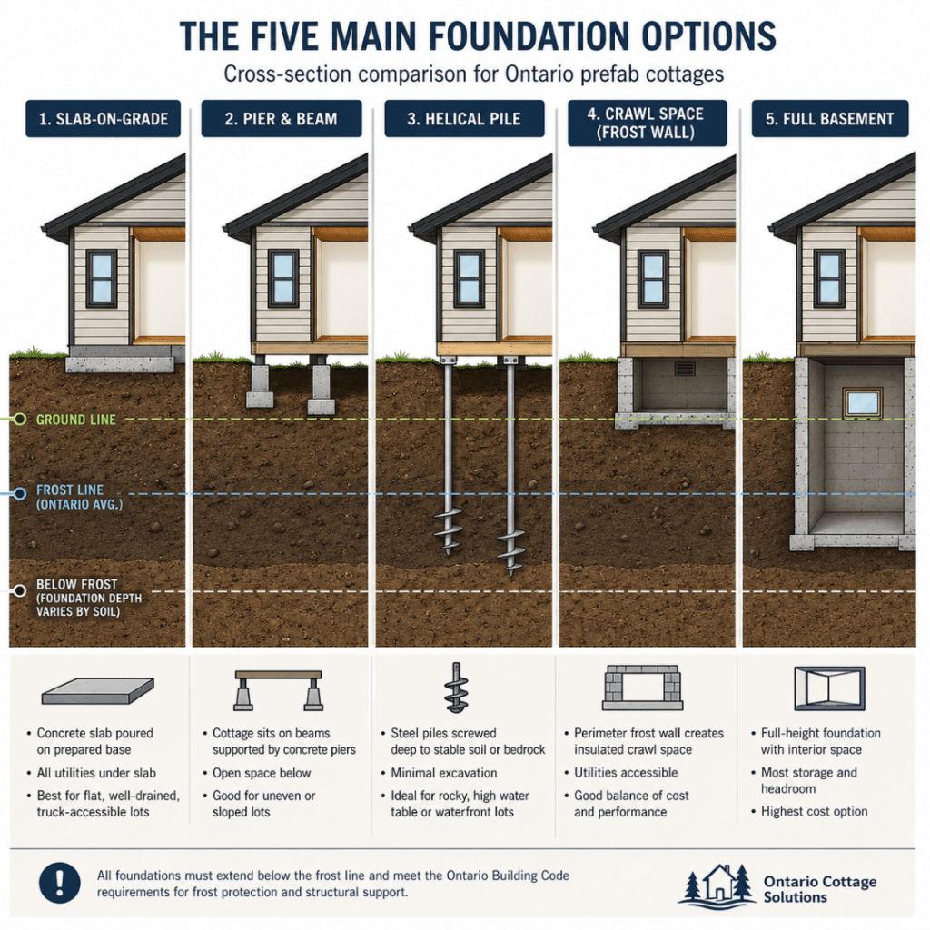 Prefab Cottage Foundation Options and Costs infographic showing slab, pier and beam, helical pile, crawl space, and basement foundations with frost line and ground line details.