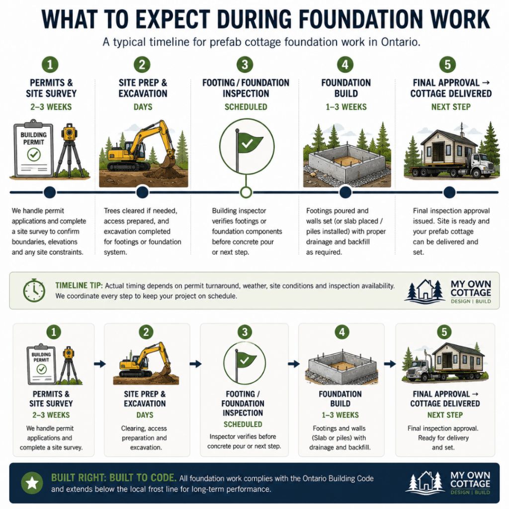 Timeline of prefab cottage foundation work in Ontario showing permits and site survey, site preparation and excavation, footing inspection, foundation build, and final approval before cottage delivery.