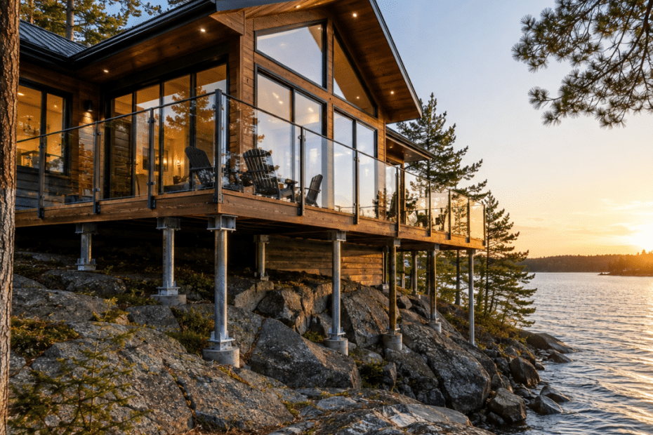 Prefab Cottage Foundation Options and Costs illustrated by a modern cottage supported by helical piles on exposed Canadian Shield rock beside an Ontario lake.