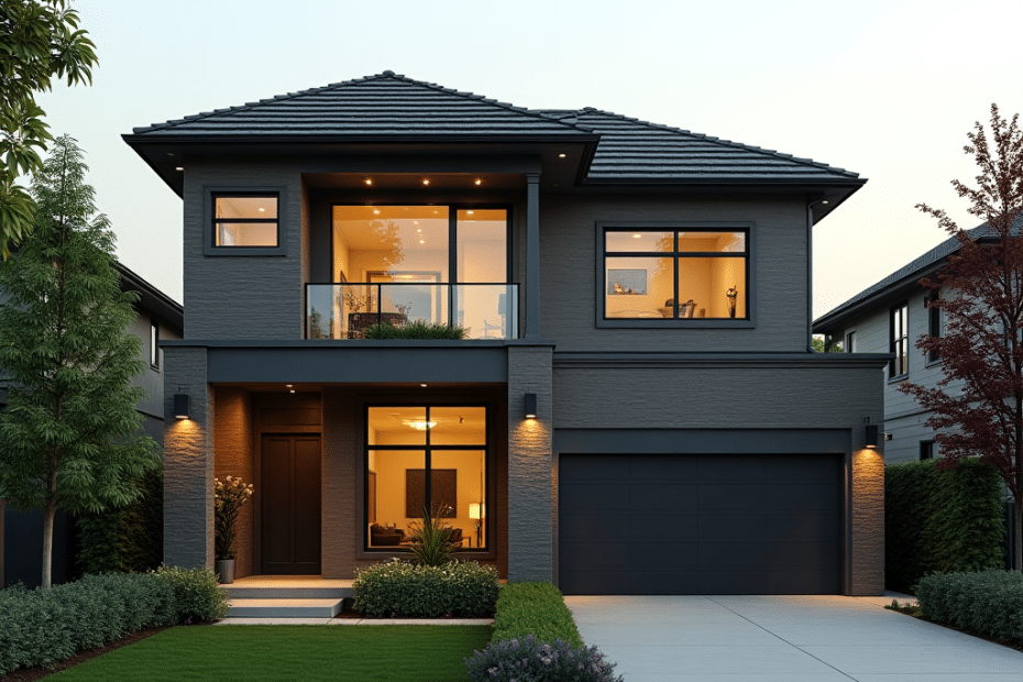 Prefab home for sale in Vaughan with modern luxury exterior, sleek architecture, attached garage, and landscaped garden under warm evening light