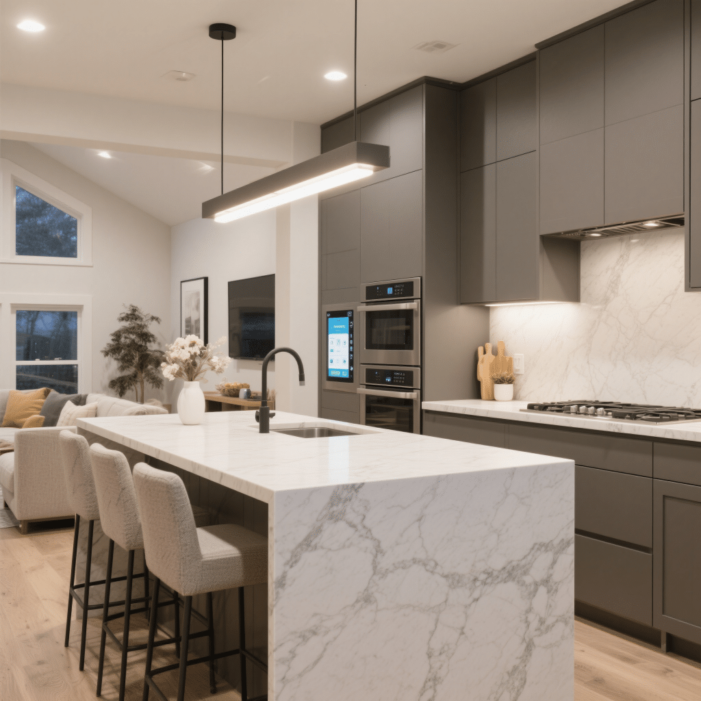 Senior-friendly prefab home interior in Thunder Bay featuring a modern kitchen with quartz countertops, island seating, premium matte cabinetry, and an accessible smart home interface.