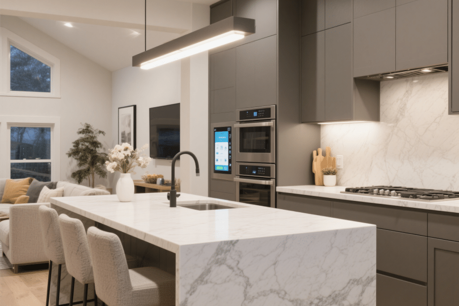 Senior-friendly prefab home interior in Thunder Bay featuring a modern kitchen with quartz countertops, island seating, premium matte cabinetry, and an accessible smart home interface.