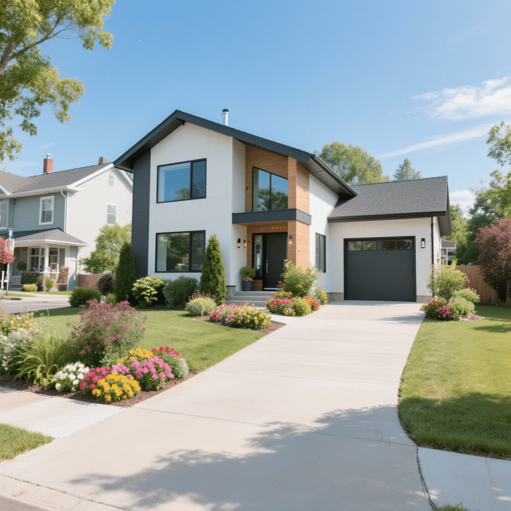 Small modern prefab home in Vaughan with sleek design, large windows, winding driveway, and vibrant front garden under a clear blue sky.