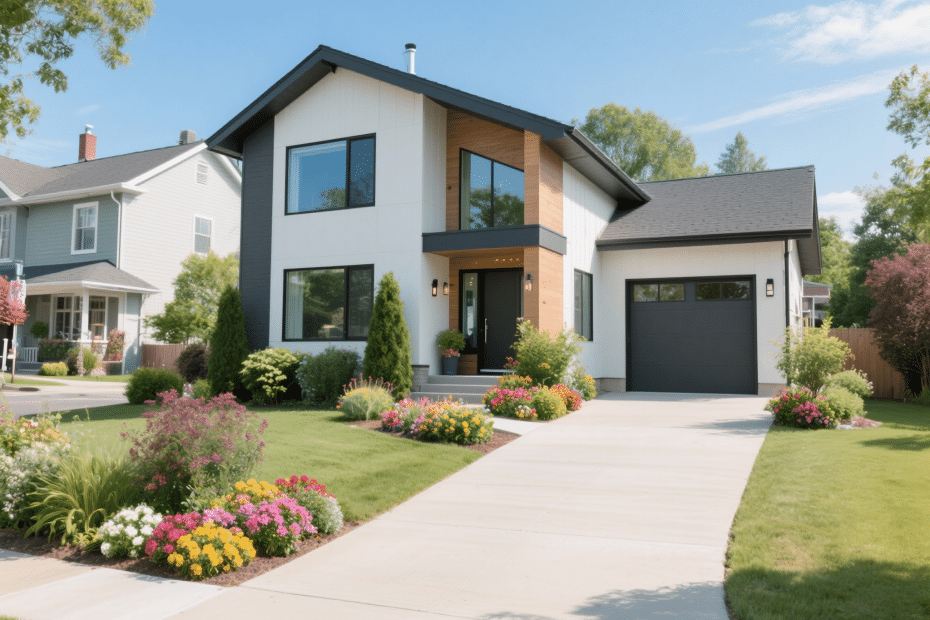 Small modern prefab home in Vaughan with sleek design, large windows, winding driveway, and vibrant front garden under a clear blue sky.
