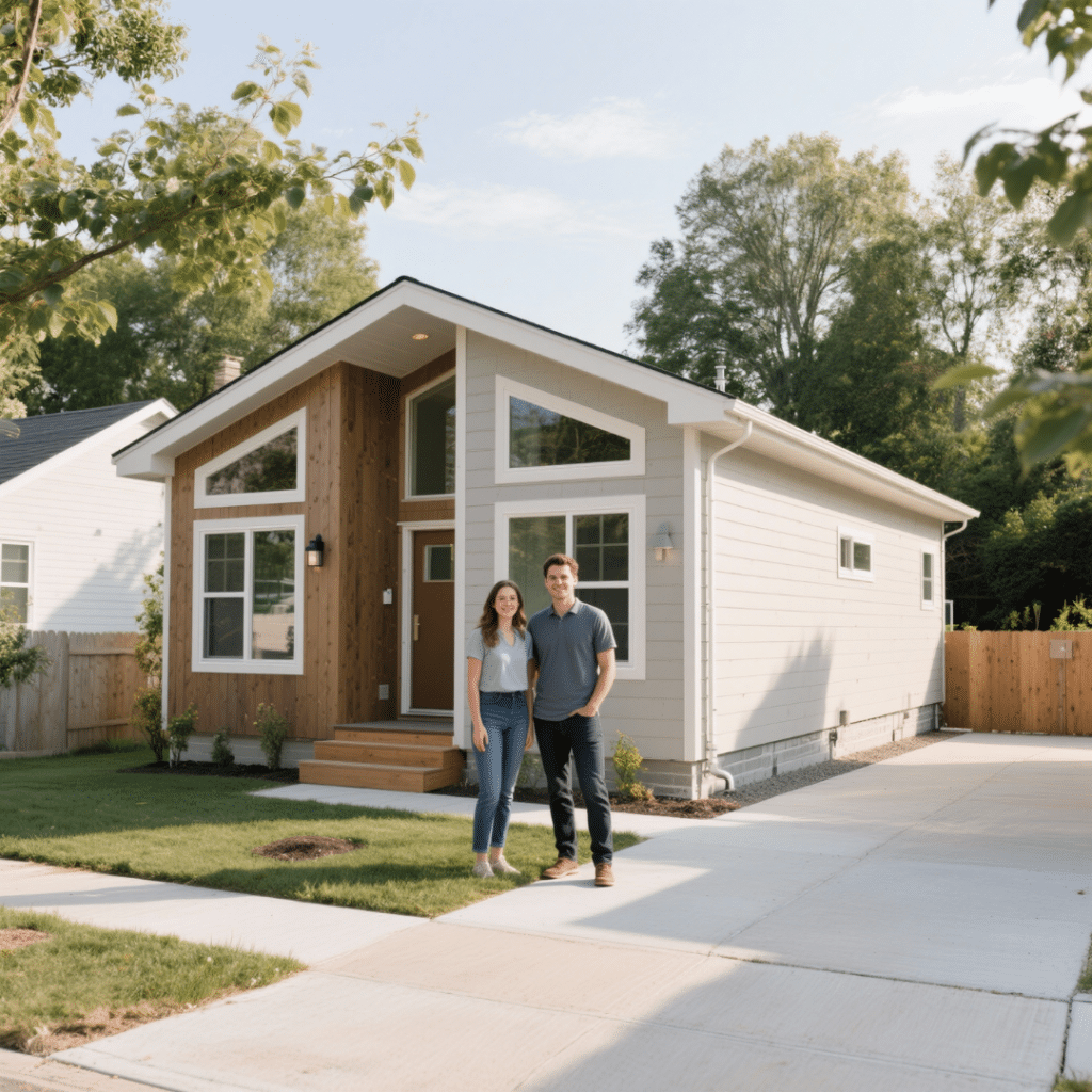 Affordable prefab bungalow in Ontario on a permanent foundation, with a young couple standing outside, highlighting cost-effective housing for first-time buyers.