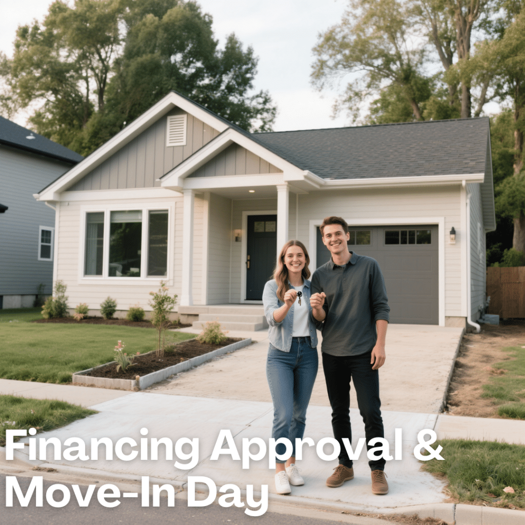 A young couple holding keys in front of their new CSA-certified modular prefab home in Barrie, Ontario, showing successful financing and move-in readiness.