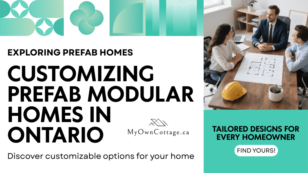 Hero image showing a comparison of standard and customized prefab modular homes in Ontario, with icons for floor plans, finishes, and personalization options