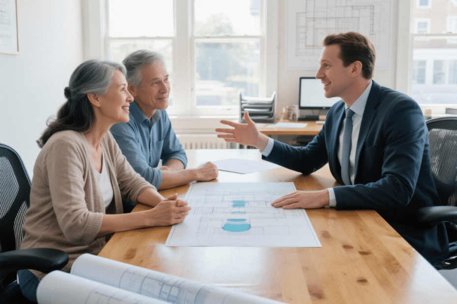 Homeowners meeting with an architect in Ontario to review blueprints and discuss building codes for customizing a small prefab home.