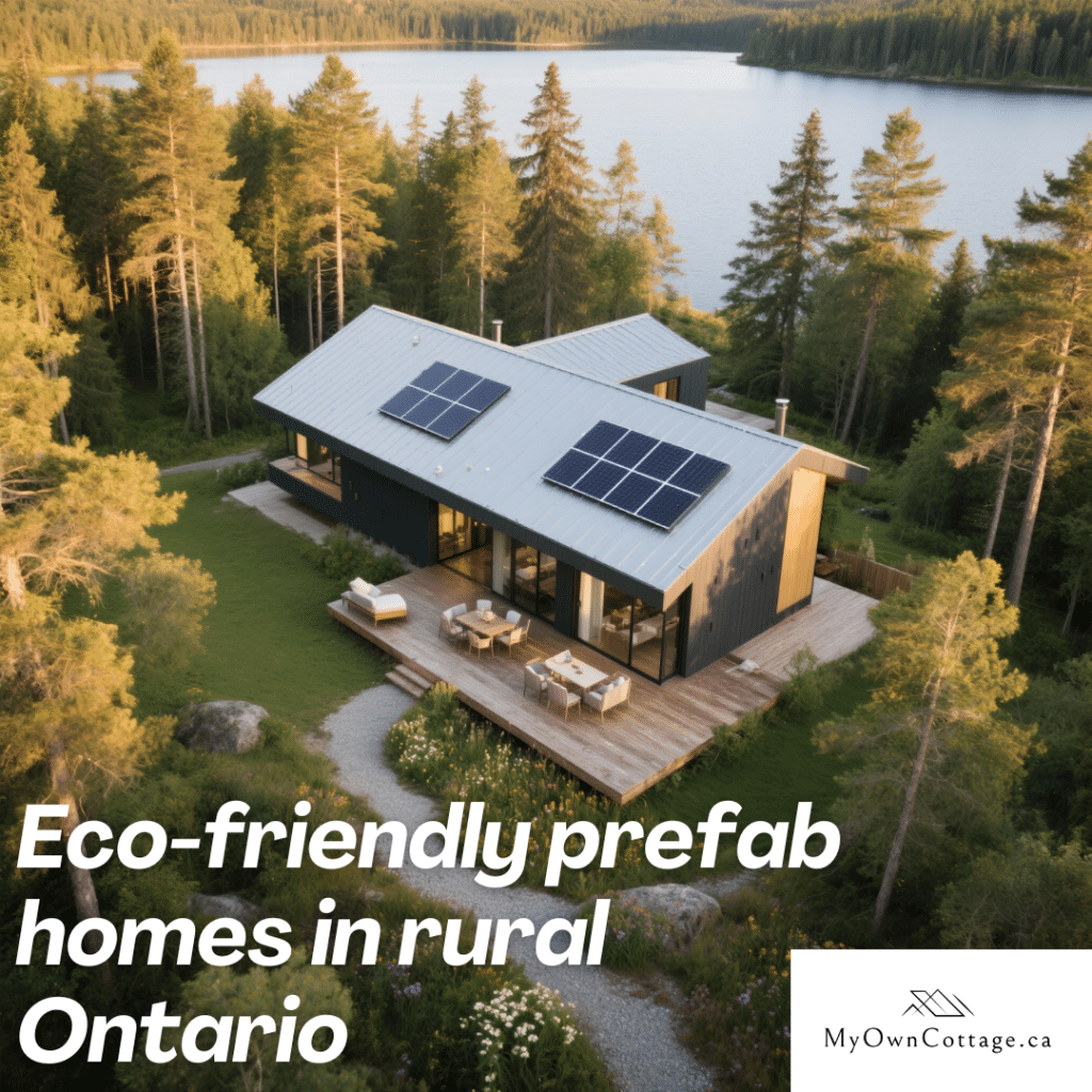 Aerial view of a solar-powered, eco-friendly prefab home in a forested area of Ontario near a lake, featuring a modern design with a metal roof and wooden deck.