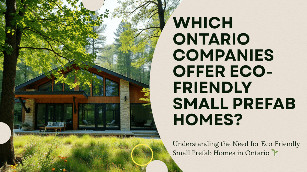 Infographic of an eco-friendly small prefab home in Ontario highlighting sustainable exterior features and green design details.
