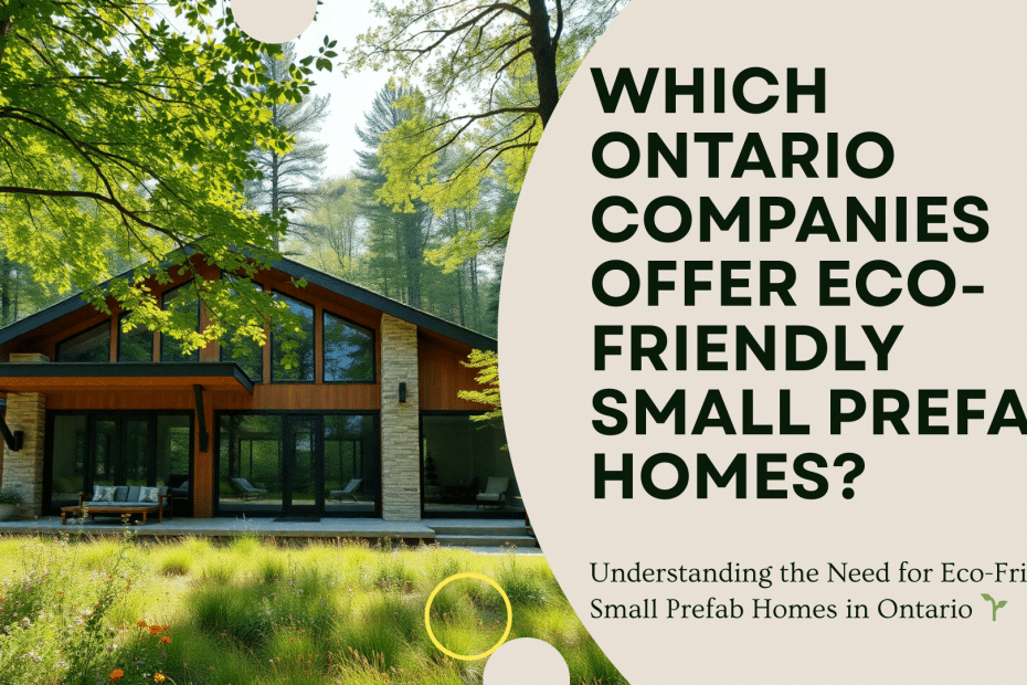 Infographic of an eco-friendly small prefab home in Ontario highlighting sustainable exterior features and green design details.