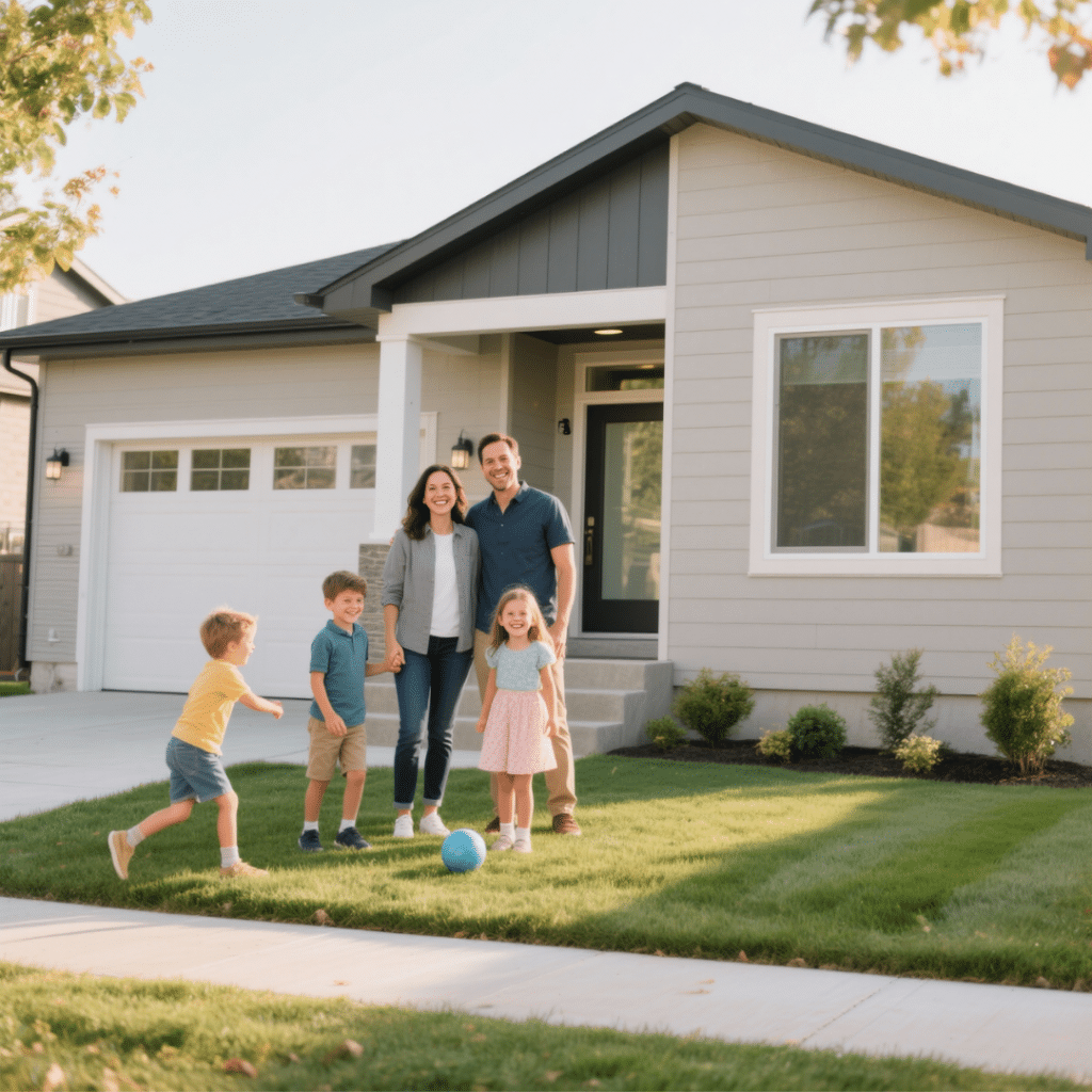 Smiling young family of four standing outside their modern prefab bungalow in Hamilton, Ontario with fresh landscaping and large windows, summer 2025.