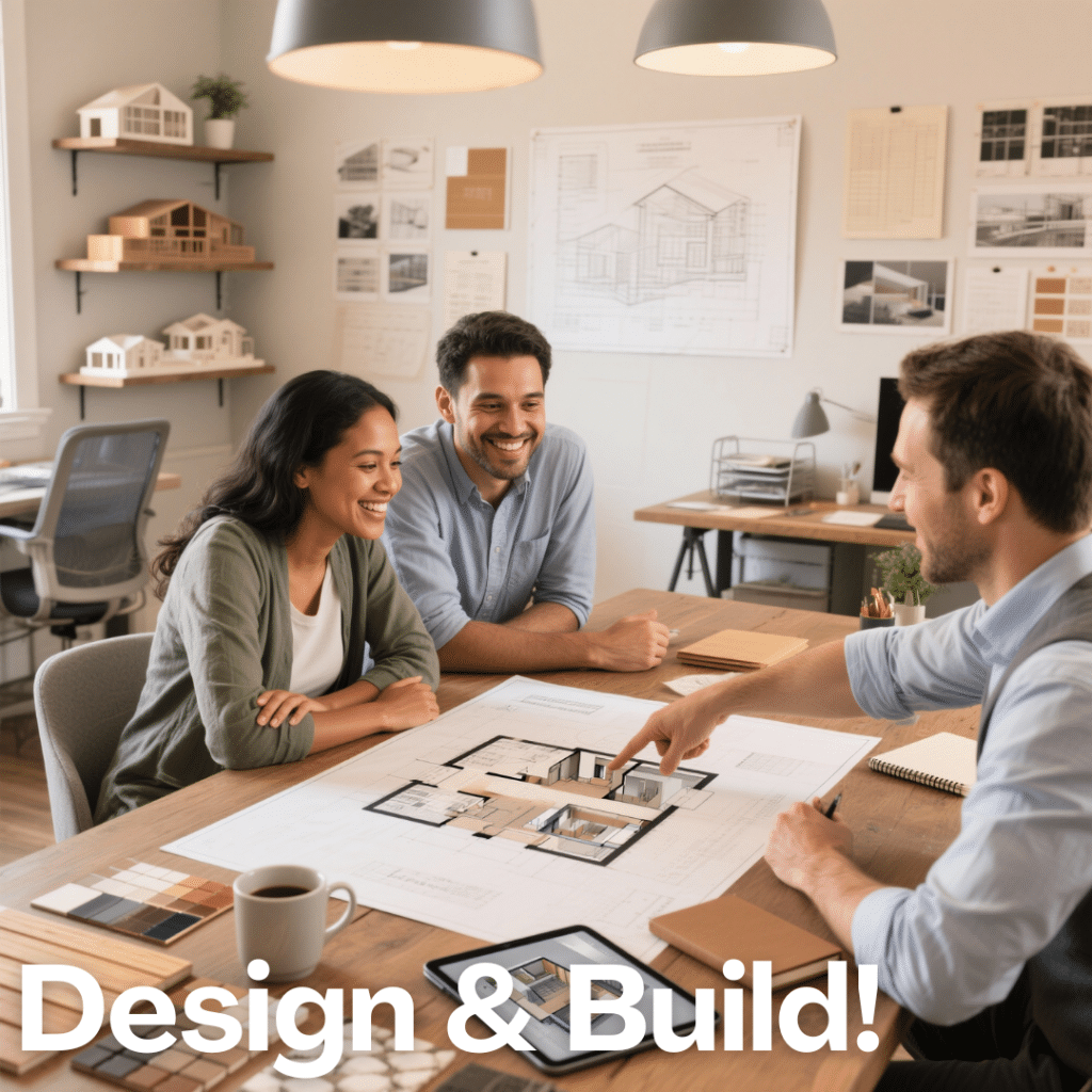Homeowner couple in a modern design studio reviewing prefab home floor plans with a professional designer in Ontario.
