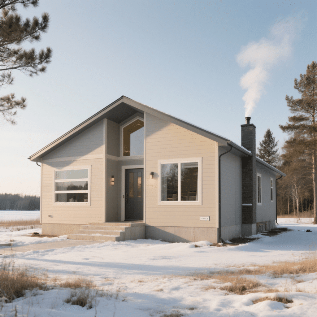 Energy-efficient prefab retirement home in rural Kawartha Lakes, Ontario, featuring a single-story design with a wide front entry, wheelchair ramp, and triple-pane windows, set against a frosty winter landscape.