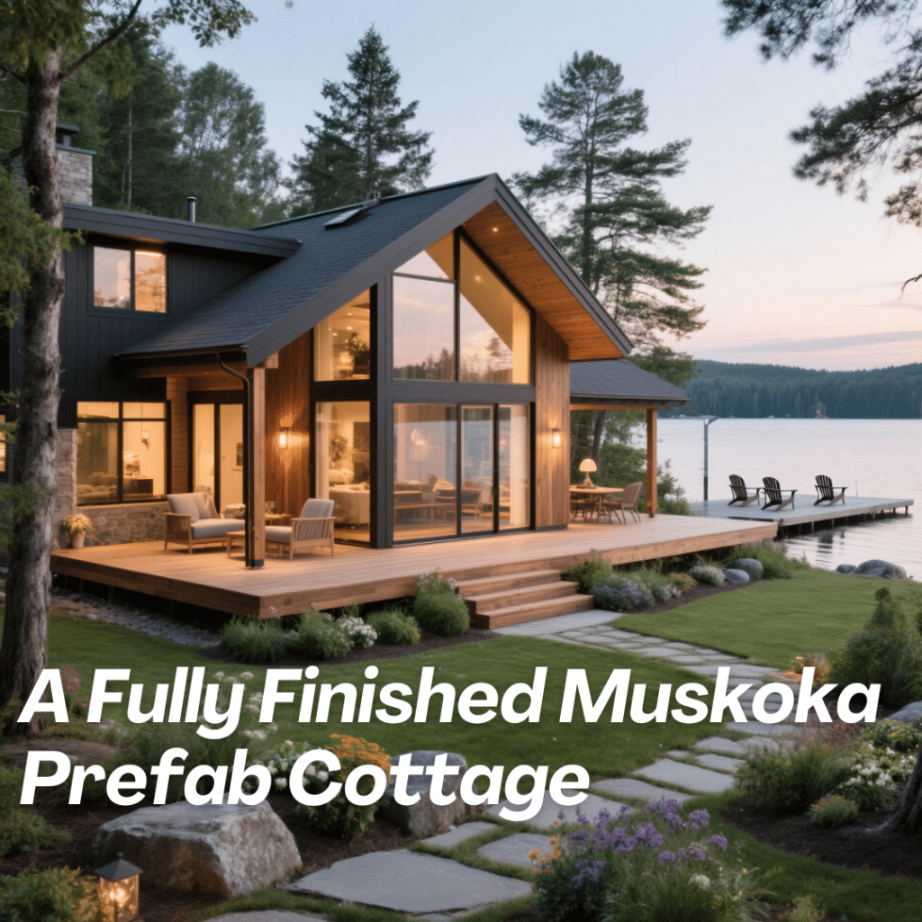 Modern luxury prefab cottage on a lakeside lot in Muskoka, featuring a wraparound porch, large windows, and elegant landscaping.
