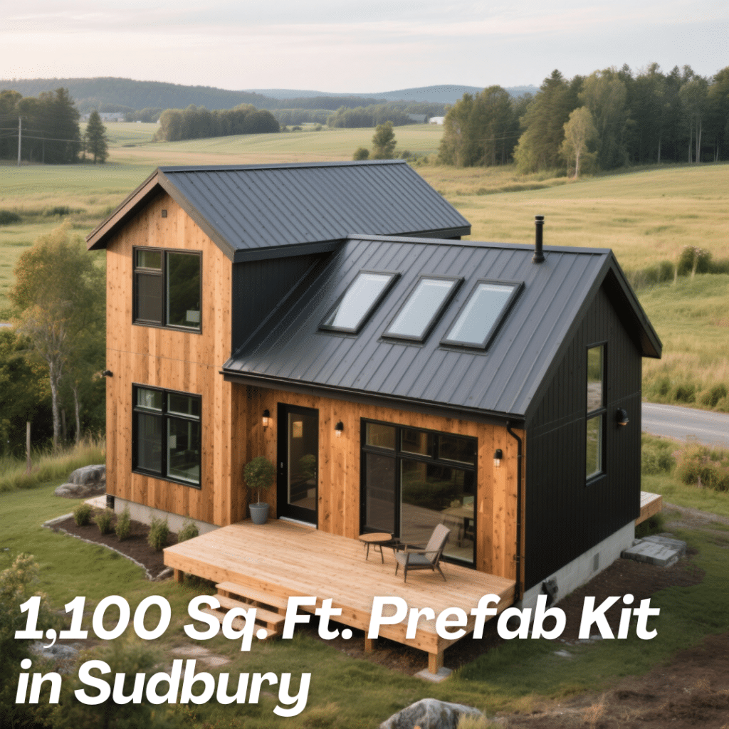 Luxury 1,100 sq. ft. prefab home in Sudbury with natural wood siding, loft dormers, cedar deck, and open-concept interior featuring quartz countertops and Scandinavian design.