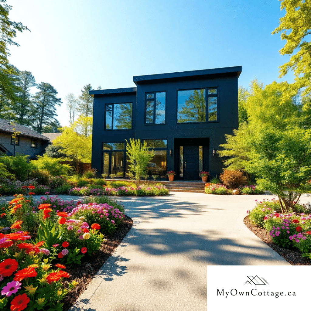 Modern black prefab home exterior in Ontario, built by My Own Cottage, featuring sleek design and energy-efficient construction.