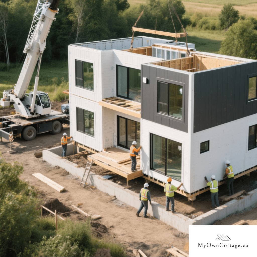 Modern prefab home under construction in rural Ontario with crane installation, workers in safety gear, and contemporary modular design by My Own Cottage.