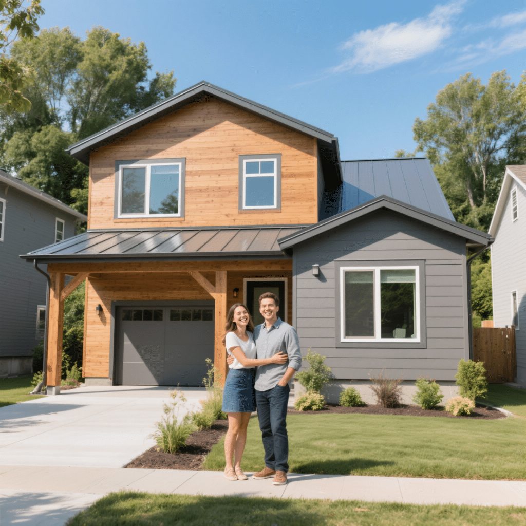 Smiling couple standing proudly in front of their 1,420 sq. ft. modern prefab home in Ontario with cedar siding, steel roof, and large energy-efficient windows on a sunny day.