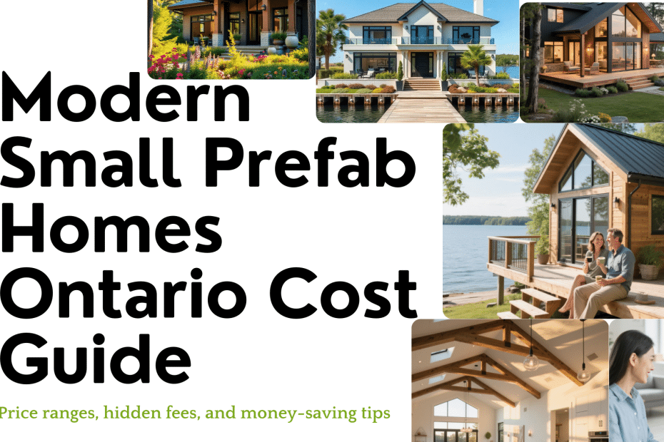 Infographic showing average costs, factors, and price breakdown of modern small prefab homes in Ontario.