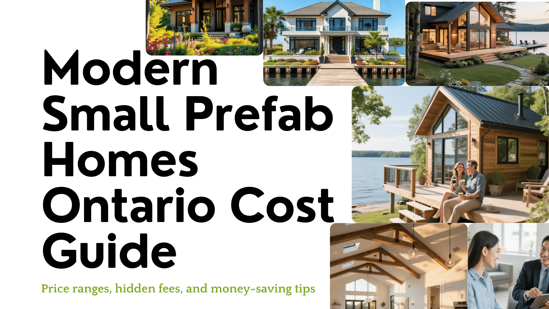 Infographic showing average costs, factors, and price breakdown of modern small prefab homes in Ontario.