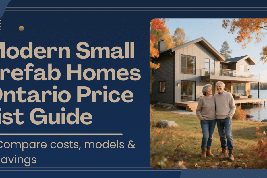 Infographic showing the 2025 modern small prefab homes Ontario price list with cost ranges by size and key factors affecting prefab home pricing.