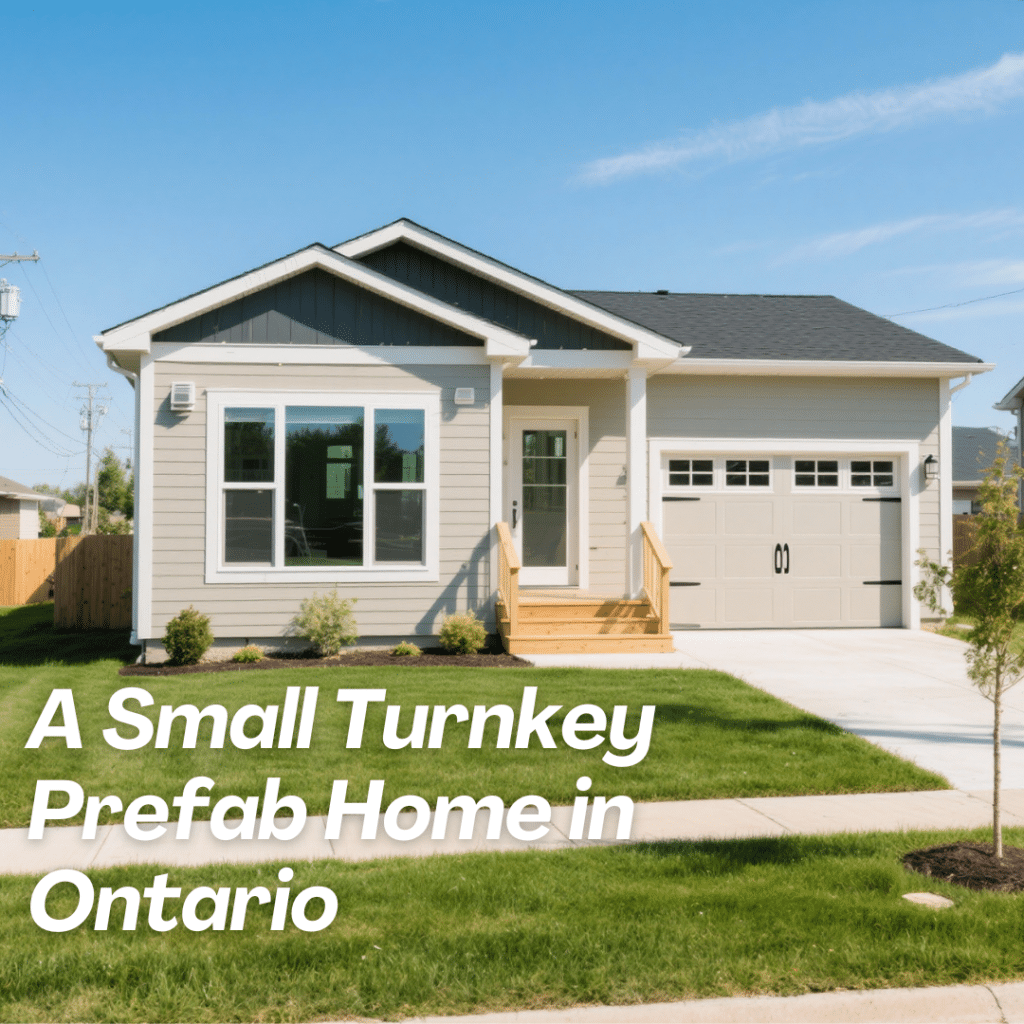 A fully assembled modern prefab home on a grassy lot in Ontario, ready for immediate occupancy with no construction materials visible.