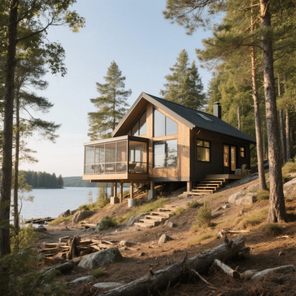 Modern prefab cottage on a sloped, forested lot near a lake in Muskoka, Ontario, with large windows, wood siding, and a screened-in porch, surrounded by mature trees and summer landscape.