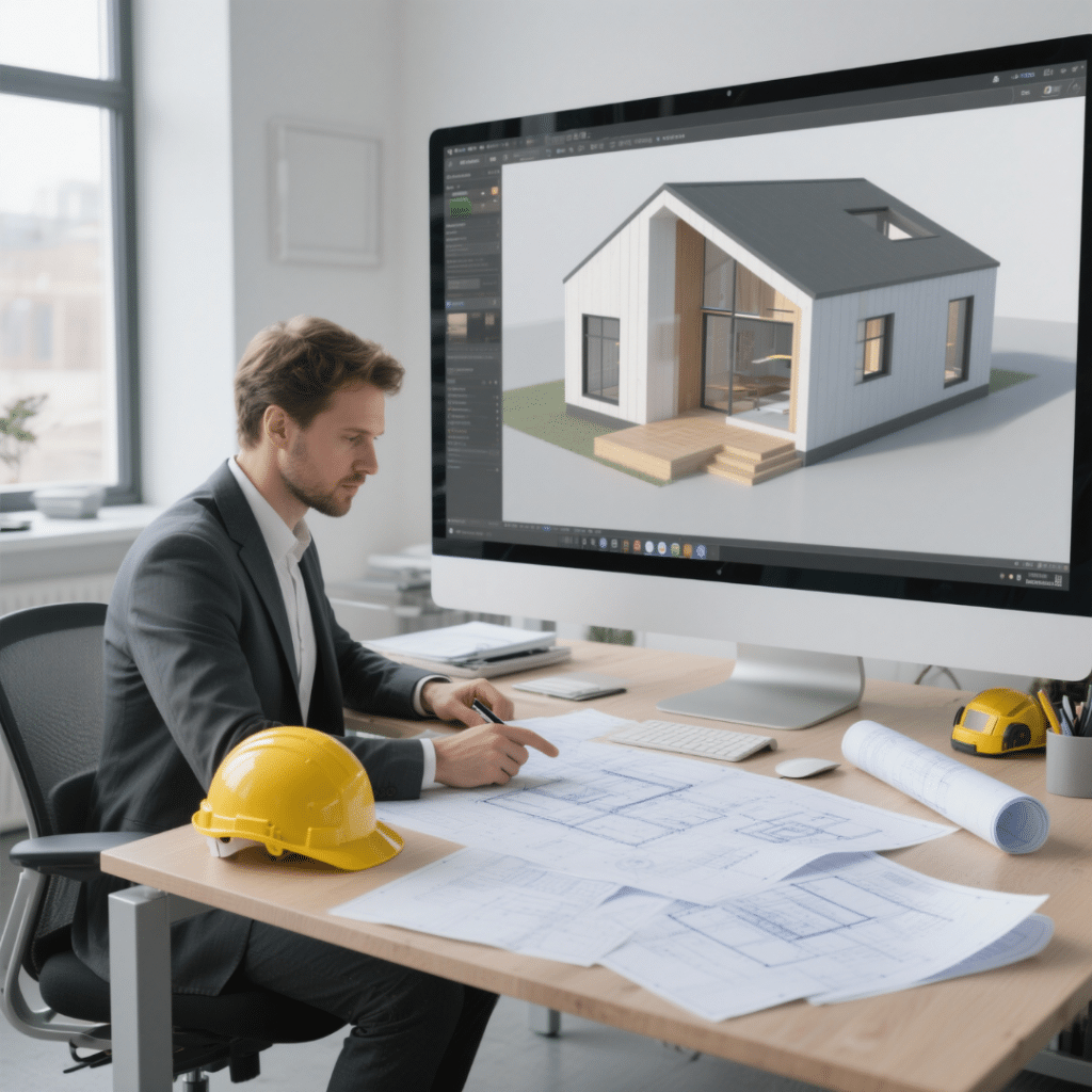 Architect in modern office reviewing prefab home blueprints with a 3D rendering of a small modern prefab house on the computer screen and a hard hat on the desk.