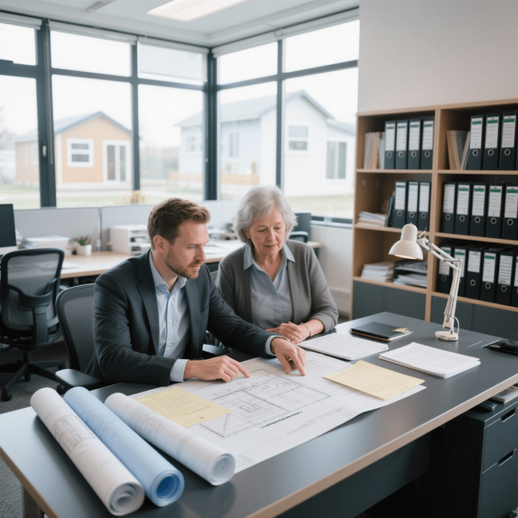 Municipal permitting office in Ontario with homeowner submitting prefab home building permit application to officer reviewing Ontario Building Code documents.