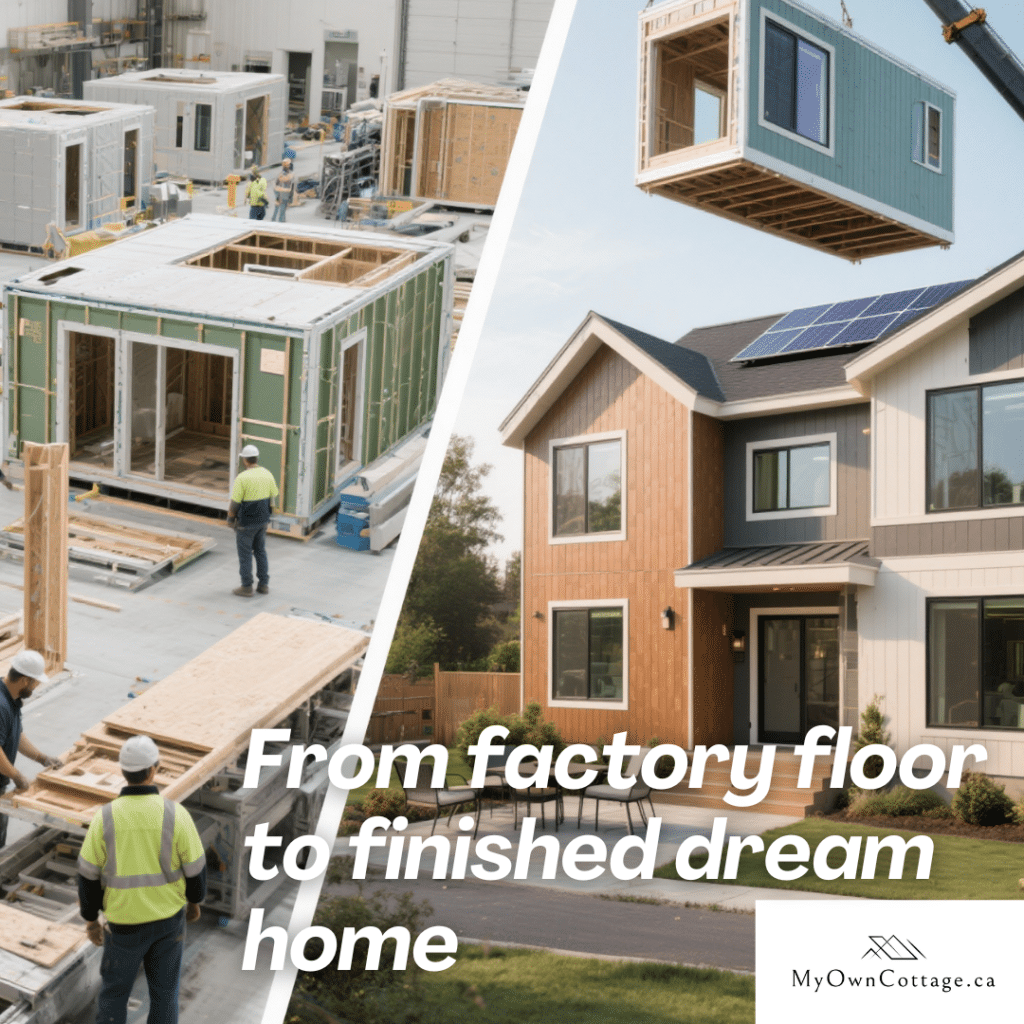 Prefab home in Ontario built using factory construction showing fast delivery, custom design, and energy-efficient features like solar panels and insulation.