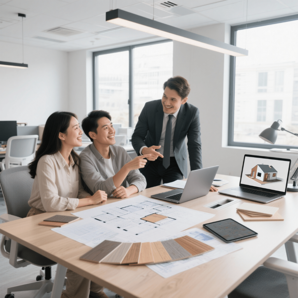 Architect guiding a young couple through prefab home floor plans and material samples in a bright modern office during an in-person consultation.