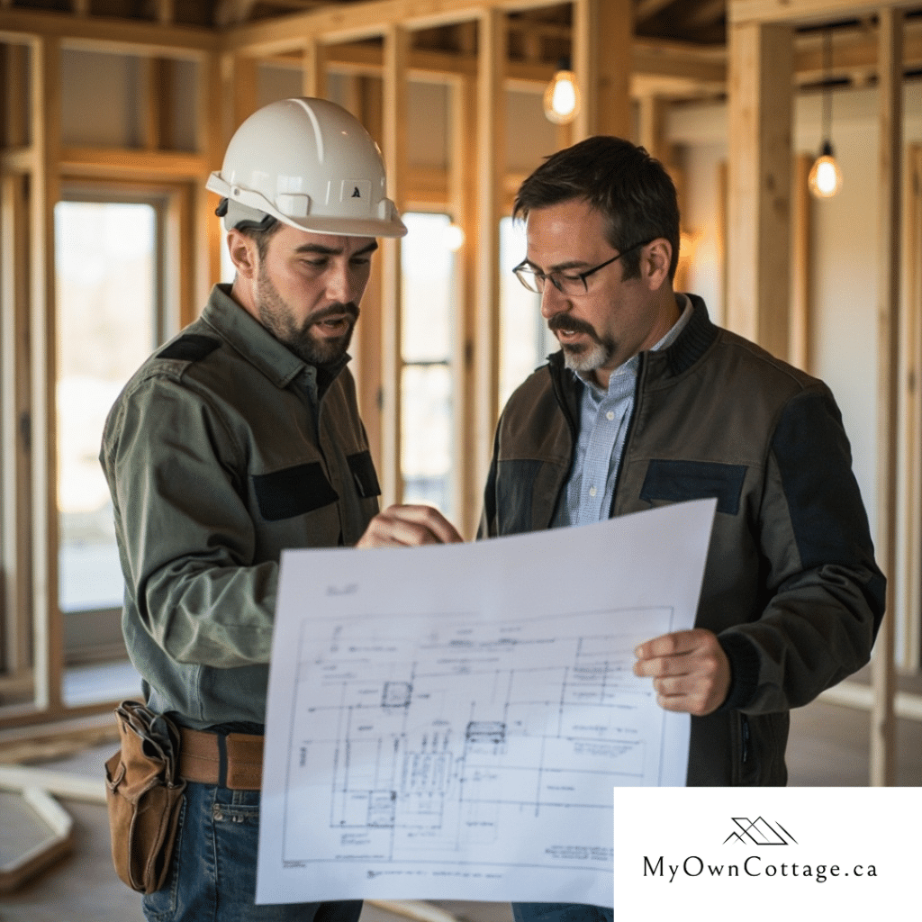 Builder from My Own Cottage reviews blueprints with a homeowner, explaining prefab vs modular customization options for a small prefab home in Ontario.