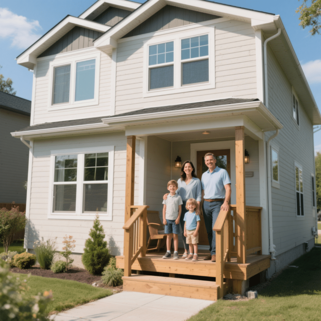 A modern prefab home in Ontario with clean siding and triple-pane windows, with a happy family of four standing outside. The image conveys comfort, quality construction, and the stress-free benefits of modular building.