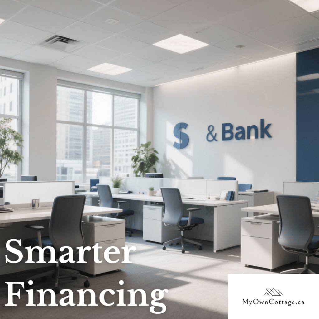 Bright and professional financial office showing a modern prefab home model beside mortgage documents, a calculator, and handshake, symbolizing CSA-A277 certified financing eligibility in Ontario.