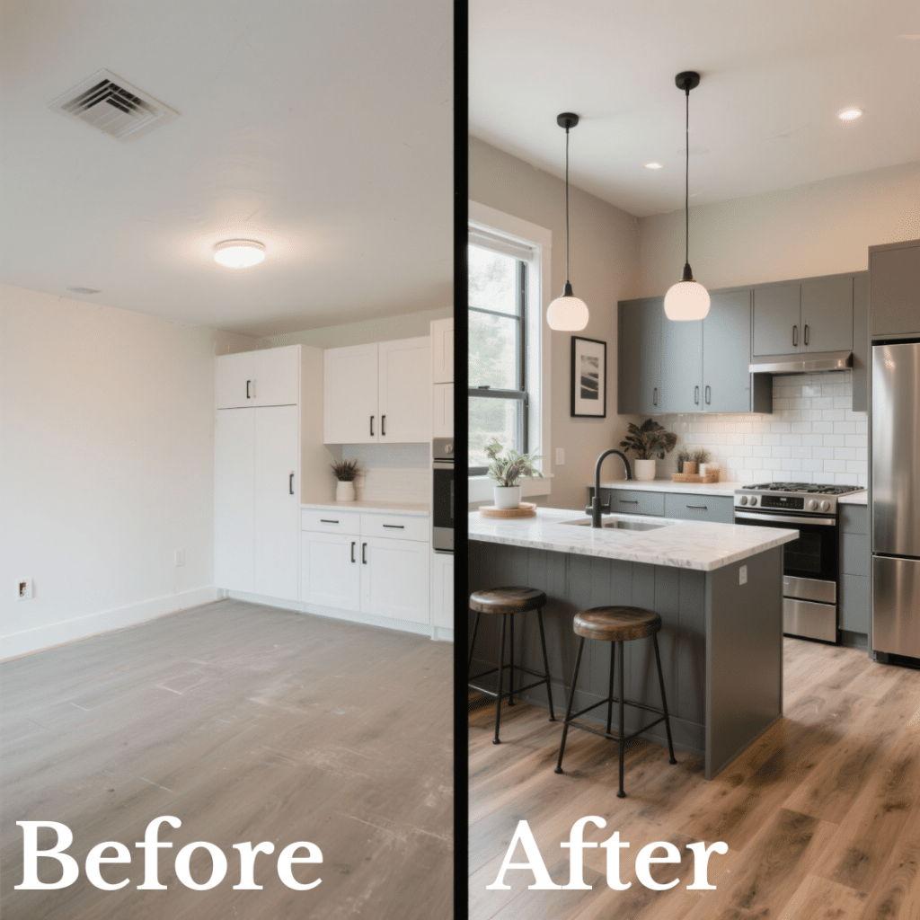 Side-by-side comparison of a modern prefab home interior in Ontario showing the base package with unfinished drywall and vinyl flooring versus a fully upgraded version with hardwood floors, modern cabinetry, and quartz countertops.
