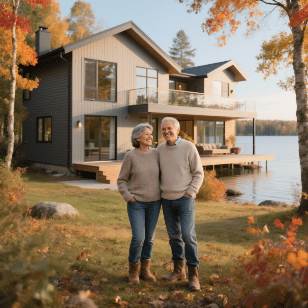 Smiling middle-aged couple standing in front of a modern prefab home near a lake in Ontario, surrounded by autumn trees with colorful foliage.