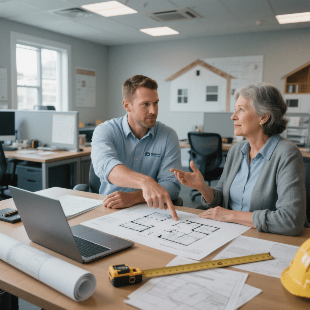 A prefab home builder and homeowner reviewing architectural blueprints and permit documents together at a desk in a clean construction office. The builder points to a floor plan while the client listens attentively, showing trust and collaboration.