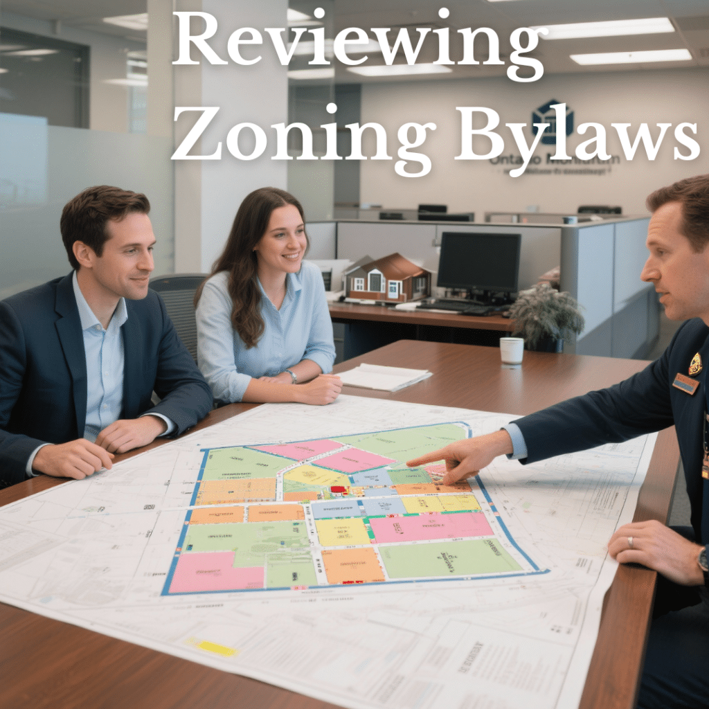 Ontario couple meeting with a city planning officer reviewing zoning bylaws and a prefab home plan at a municipal office.